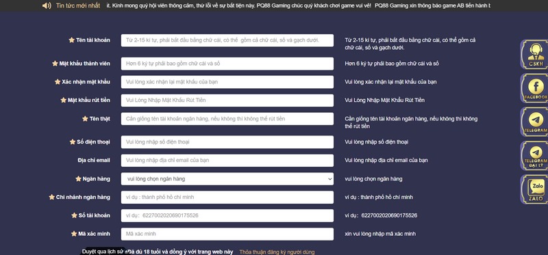 Nhập biểu mẫu đăng ký PQ88 đầy đủ tất cả các thông tin yêu cầu