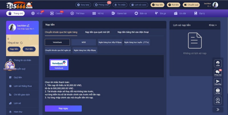 Hội viên có thể nạp tiền cực nhanh ở mọi thời điểm
