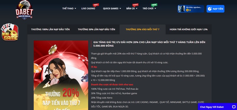 Nhận thêm 20% giá trị của thẻ nạp cho lần đầu tiên vào ngày thứ 7 hàng tuần 