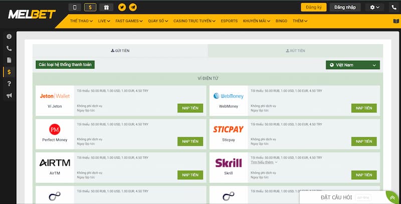 Hướng dẫn nạp tiền MelBet