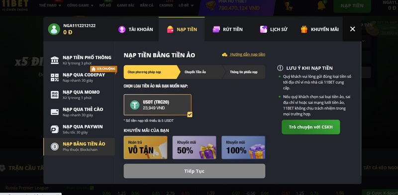 Nạp tiền 11BET qua mọi phương thức nhận về nhiều ưu đãi hấp dẫn