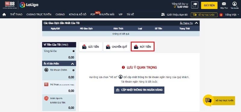 Thực hiện rút tiền M88 đơn giản không tính phí qua ngân hàng