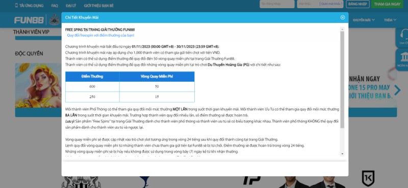 FREE SPINS ở trang giải thưởng của nhà cái FUN88
