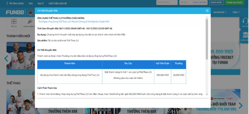 Ứng dụng thể thao 2.0 thưởng chào mừng khủng cho người mới 