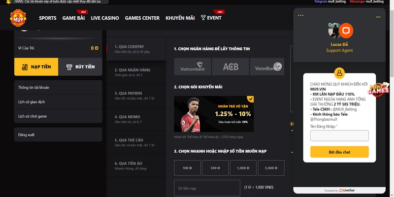 Phương thức thanh toán đang được MU9 cung cấp cho hội viên