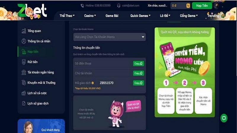 Nạp tiền Zbet qua ví điện tử tiện lợi chỉ với 3 bước